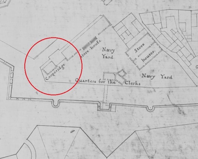 Section of the 1753 map of Gibraltar showing a ‘cooperidge’ where the International Commercial Centre (ICC) is today. North is to the left.